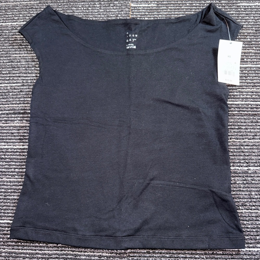 A New Day Boat Neck Top Womens XS Black NEW Short Sleeve Cotton Blend Basic